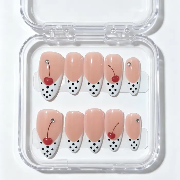 10 pièces de faux ongles en forme d'amande pressés à la main, magnifiques faux ongles blancs à pois 