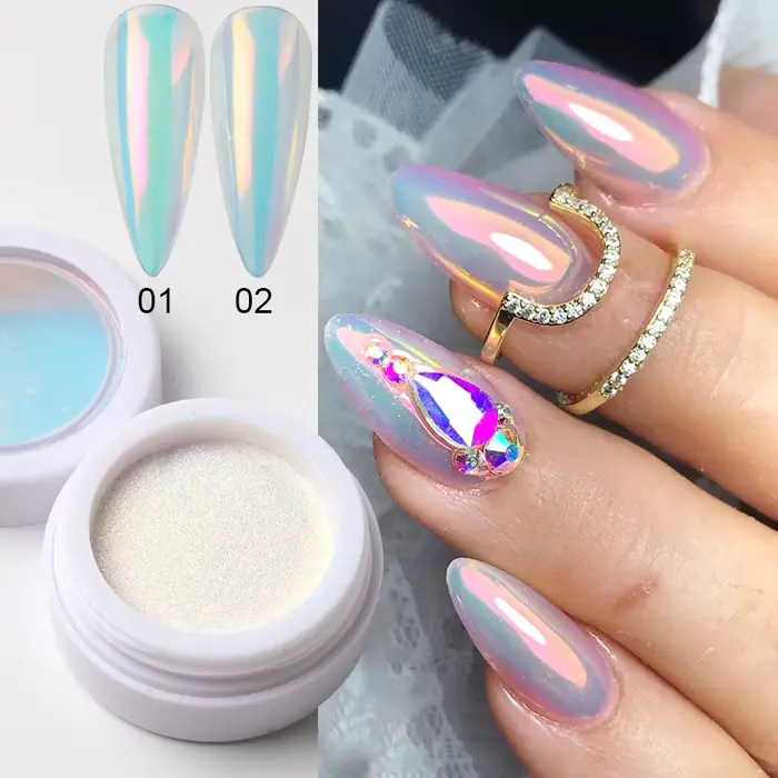 1/2 pièces Poudre à ongles rose effet aurore chromée