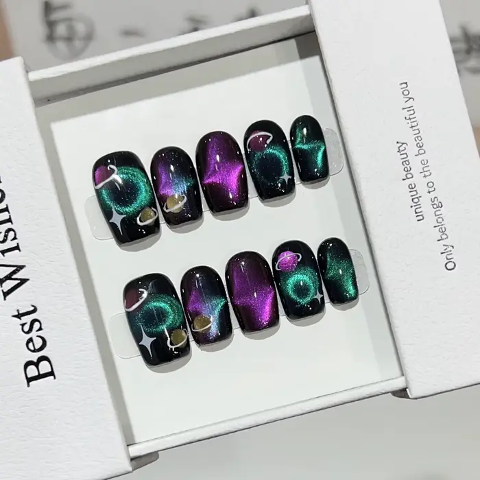 10 pièces noir mignon chat à la main presse sur ongles cristal oeil