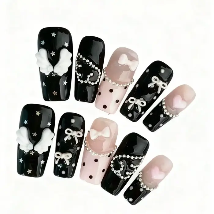 10 pièces de faux ongles en forme de cercueil pressés à la main, magnifiques faux ongles gothiques à
