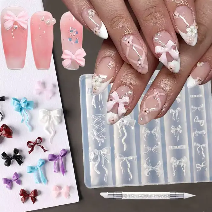 Moules à ongles en Silicone avec nœud papillon 3D + 1 stylo à découper