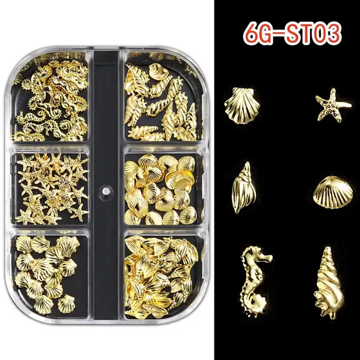 1 Boîte de Breloques 3D pour Ongles Thème Océan Estival, Coquillages Métalliques, Étoiles de Mer, Hi