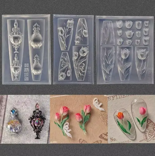1pc Rose tulipe Lotus 3D acrylique moule muguet Nail Art décorations ongles bricolage conception Sil