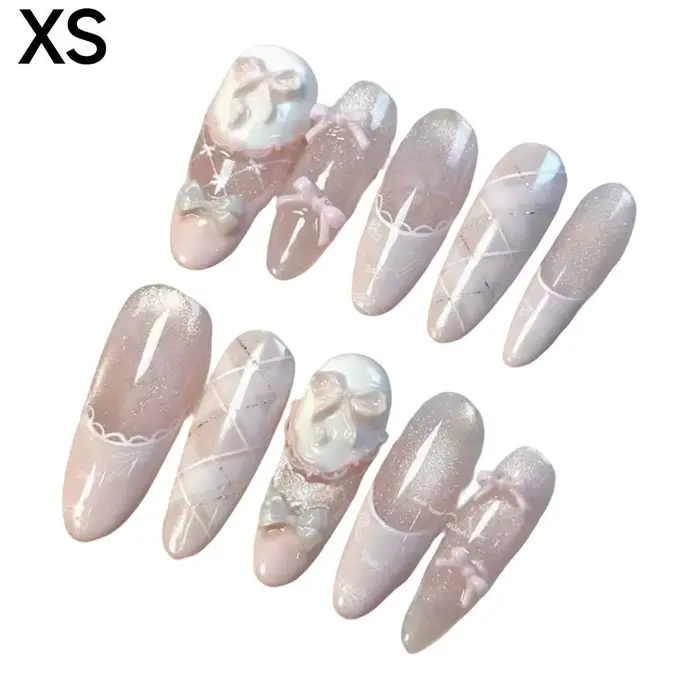 Faux ongles rose poudré avec nœud, diamant et perle, design 3D, à presser, avec bords lisses et inof