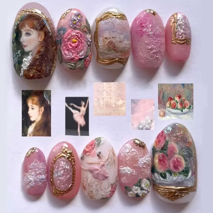 24 pièces série de peinture à l'huile européenne faux ongles doux Rose amande Rose fleur conceptions