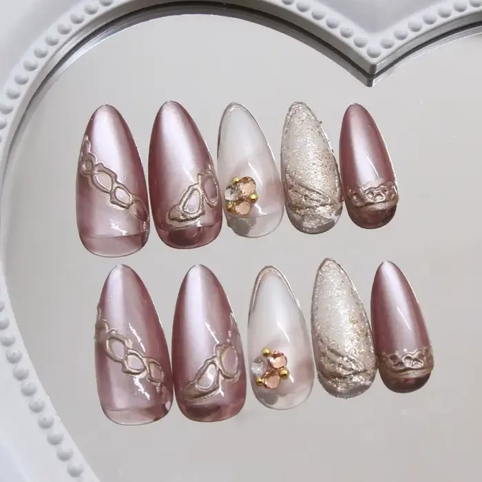 Faux ongles œil de chat marron à pression pour filles