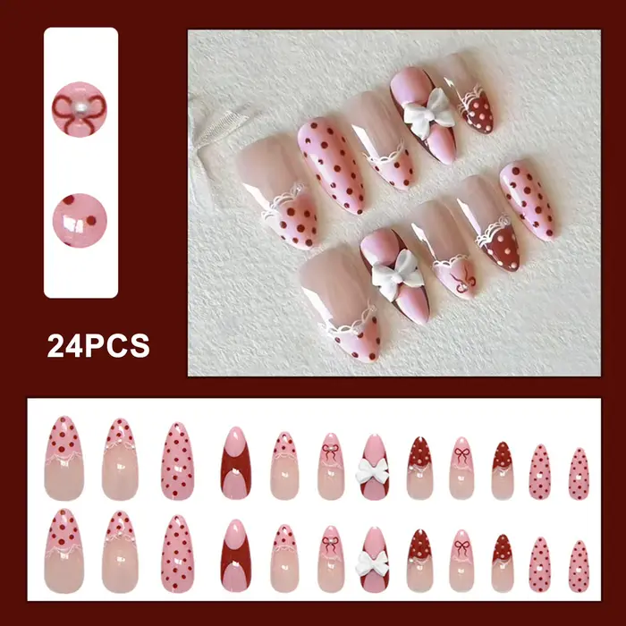 24 faux ongles français à pois avec nœud papillon, design INS, en forme d'amande, pour filles et fem