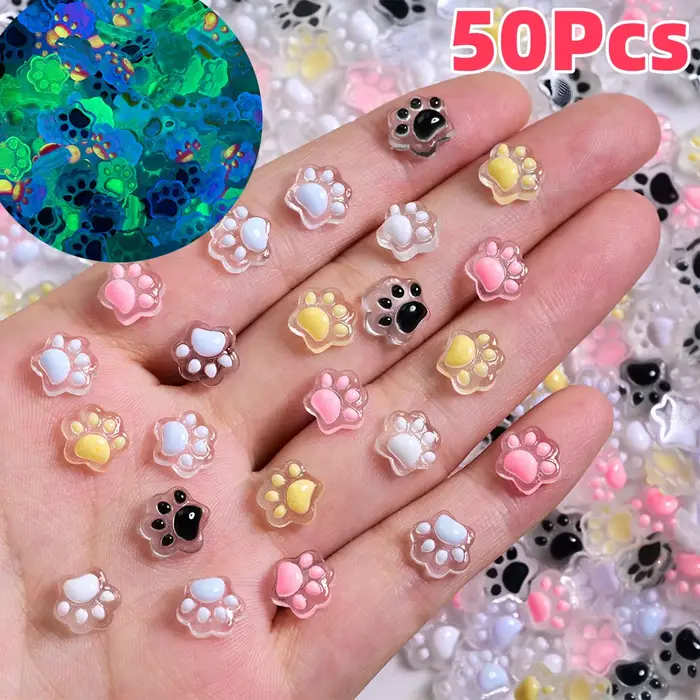 Breloques pour ongles patte de chat lumineuse 3D, 50 pièces, pattes de chat en résine mignonnes Y2K,