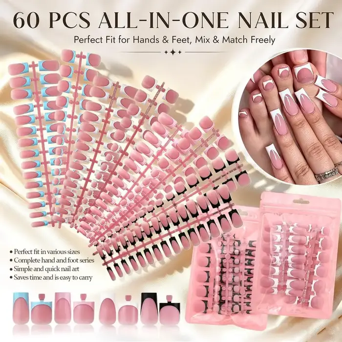 Ensemble de faux ongles d'été courts carrés mats givrés en acrylique pour manucure et pédicure française, couvrance totale pour salon de manucure