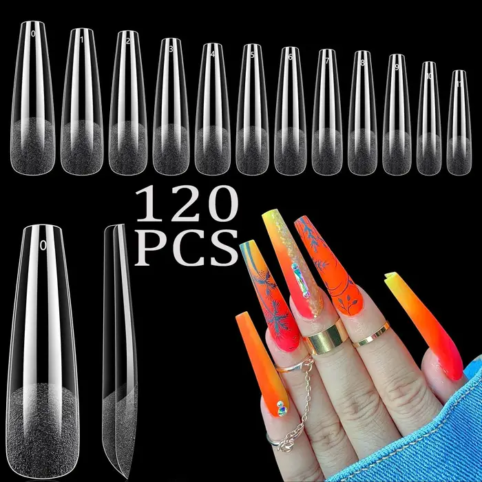 120 faux ongles longs transparents en forme de cercueil pour salons de manucure et nail art DIY, pro