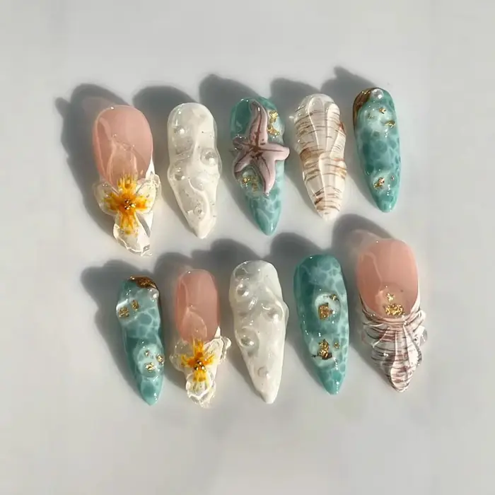 10 pièces presse à la main sur les ongles motif d'ondulation d'eau étoile de mer amande faux