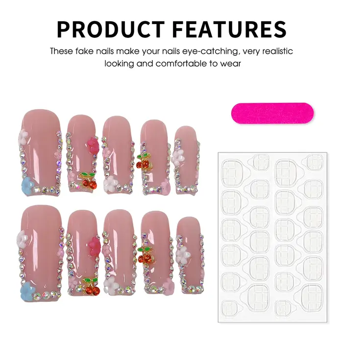 Faux ongles longs en forme de cercueil, faits à la main, couleur rose chair, à pression, motifs de f