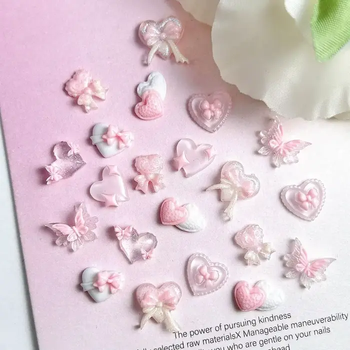 Breloques pour ongles en résine, nouvelle série rose, nœud en forme de cœur, 3D, lumineux, Double pa