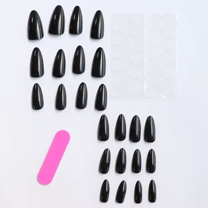 24 faux ongles artificiels en acrylique noir, tête carrée, longs femmes de Ballet, amovibles, pointe
