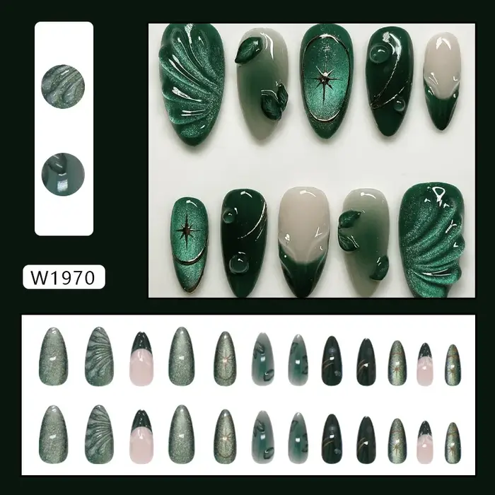Faux ongles à presser Amande Vert foncé Effet œil de chat 3D Motif feuille ondulée French Manucure froide détachable