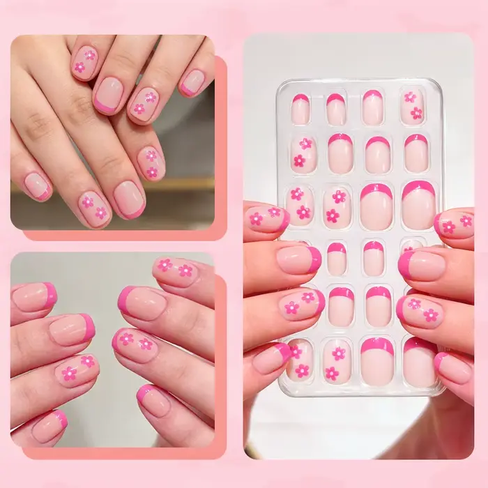 24 pièces/boîte Faux ongles en gel noirs et roses à fleurs pour filles