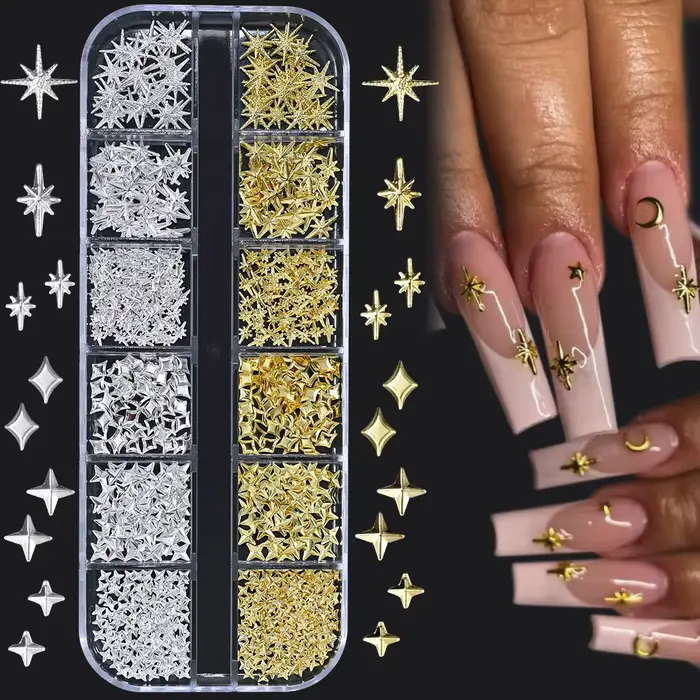 1000 pièces-12 grilles 3D or argent étoile/croix ongles Rivet goujons alliage métallique Starlight