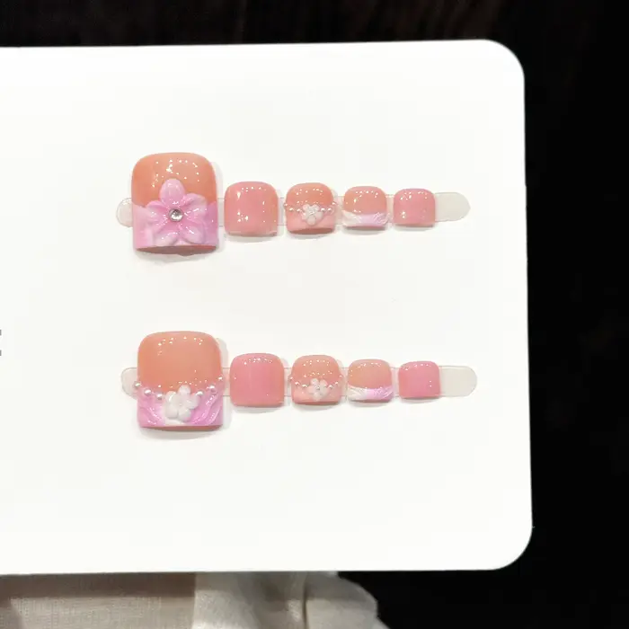10 faux ongles de pied pressés faits à la main, magnifiques faux ongles de pied, perles florales ros