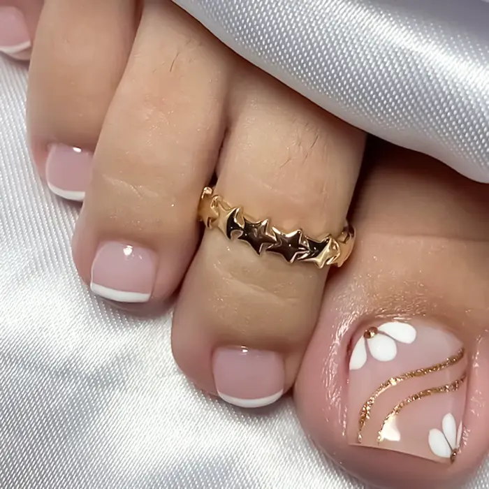 Faux ongles couleur rose chair, 24 pièces, breloque Simple, à pression sur les orteils, imprimé flor
