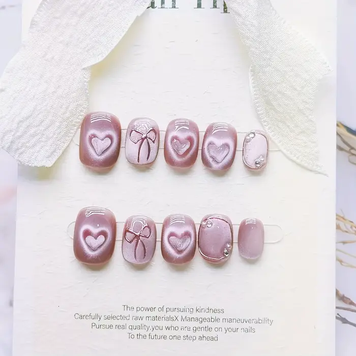 10 pièces haut de gamme belle lumière luxe rose style court faux ongles faits à la main, amour glace
