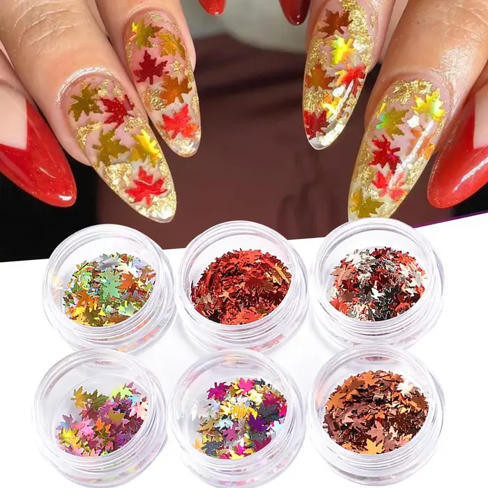 6 boîtes de paillettes pour ongles en forme de feuille d'érable dorée, paillettes holographiques en forme de feuille d'automne, flocons de paillettes multicolores, décorations pour manucure