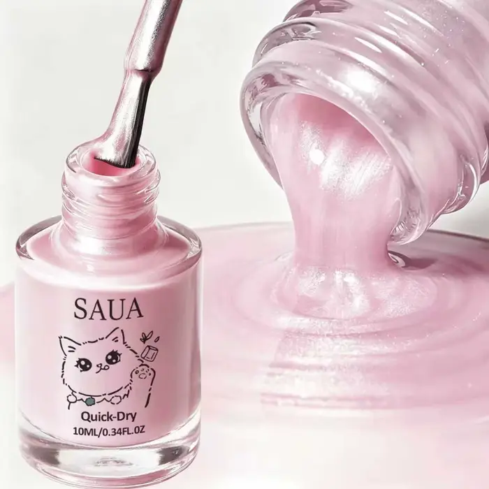 Vernis à ongles nacré rose ; séchage rapide, pas de lampe nécessaire, formule longue durée ; ajoute une brillance nacrée et illumine les ongles.