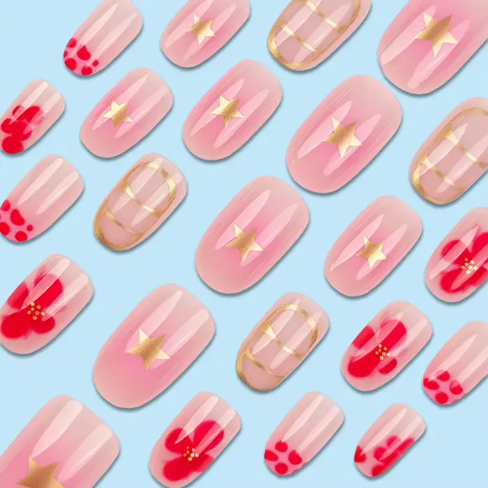24 pièces pointes d'ongles décoration florale ronde courte pour ongles avec outils presse esthétique