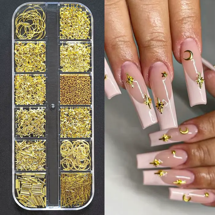 12 grilles or argent perles pour ongles 3D demi-rond perle