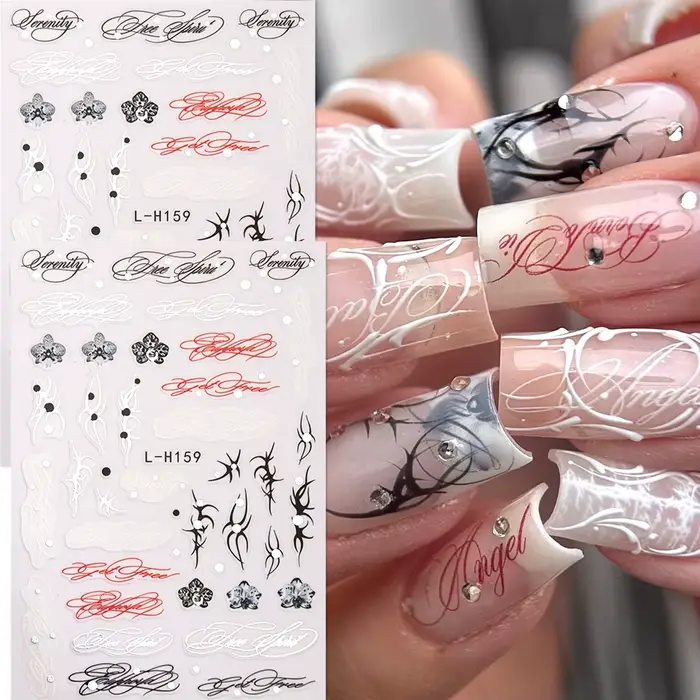 Autocollants pour ongles à motif de lettres italiques, épingles noires argentées, décalcomanies cybe