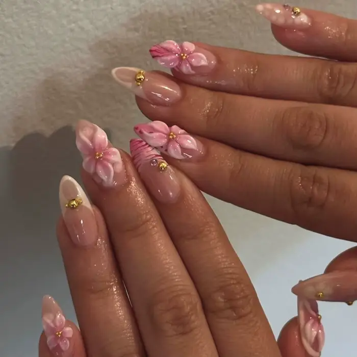 24 pièces/ensemble français amande presse sur ongles fleur rose faux