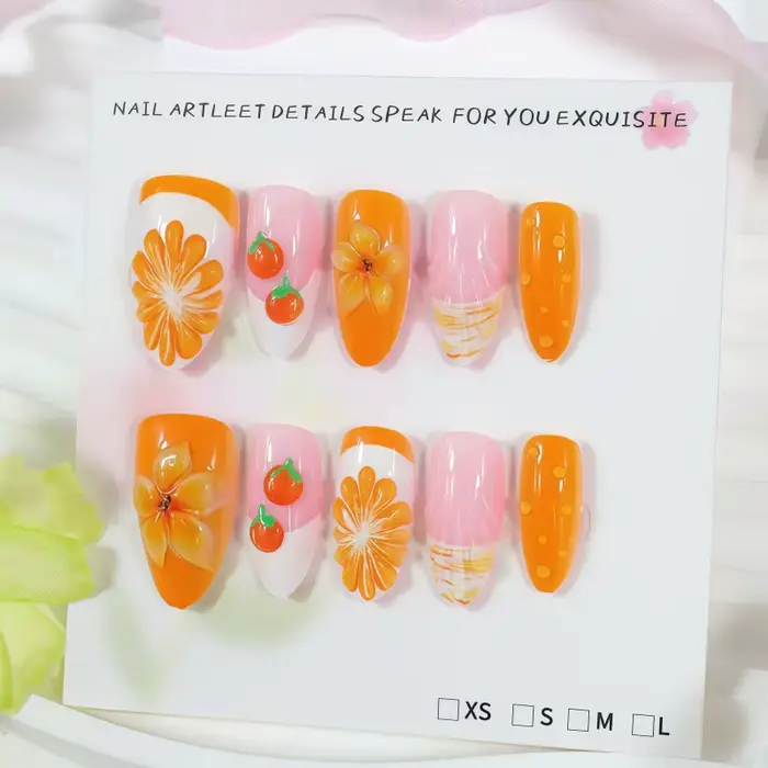 Nouveauté 2026 – 30 faux ongles 3D en forme d'orange
