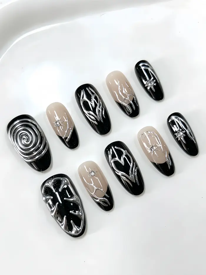 10 faux ongles courts en forme d'amande, patchs de nail art aux couleurs principales rose nude, noir