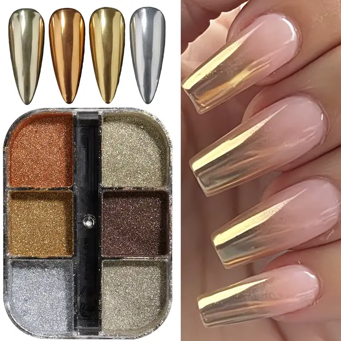 Poudre à ongles chromée or 6 couleurs
