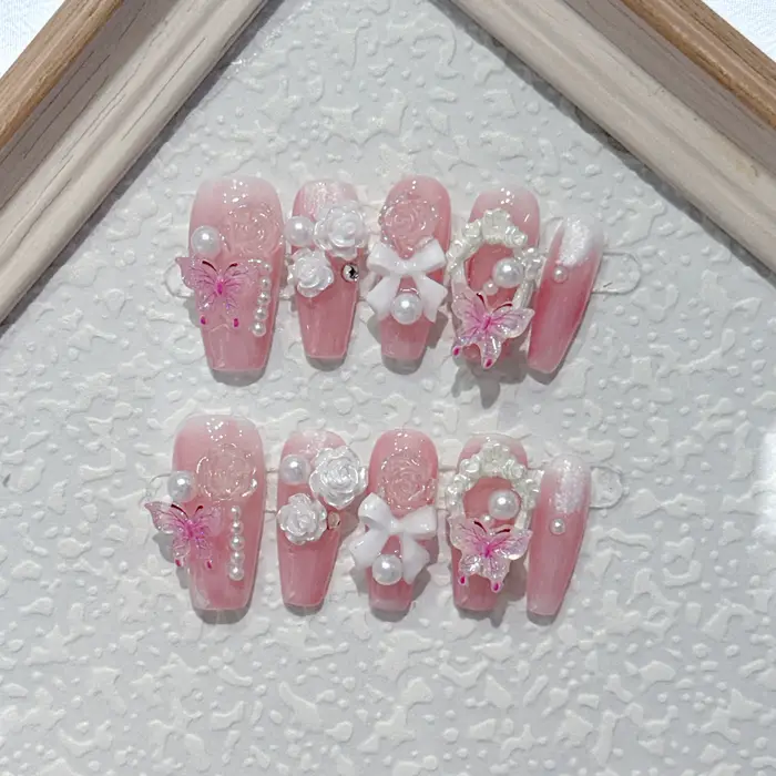 10 pièces ongles à la main printemps prêt à l'emploi pointes d'ongles artificiels fleurs 3d faux