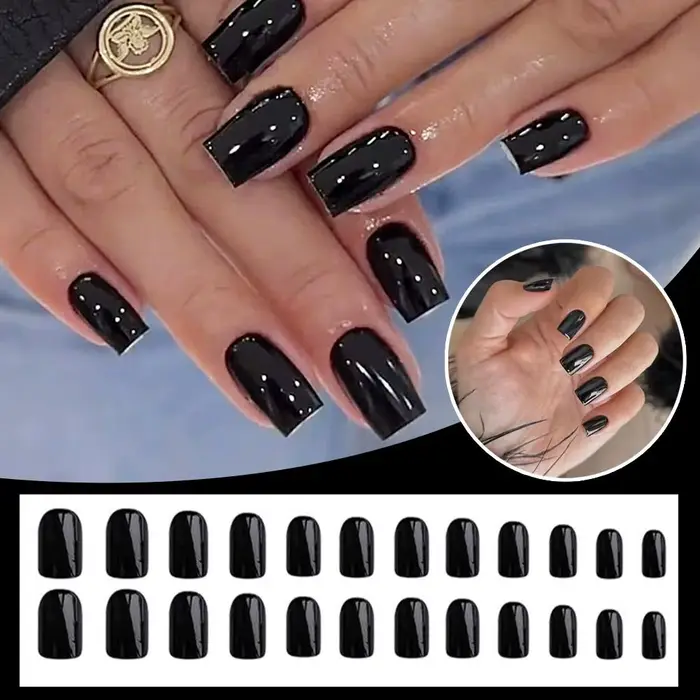24 pièces noir carré presse sur ongles moyen longs faux ongles, 12 tailles ongles acryliques brillan
