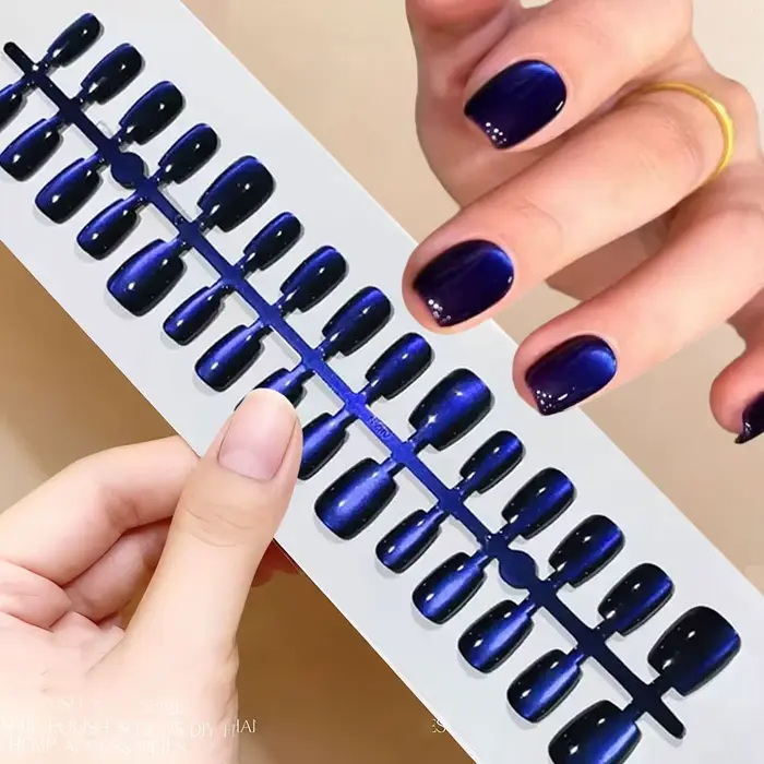 Faux ongles œil de chat bleu foncé, 30 pièces, élégants, brillants, bleu Royal, courts, carrés, à pr