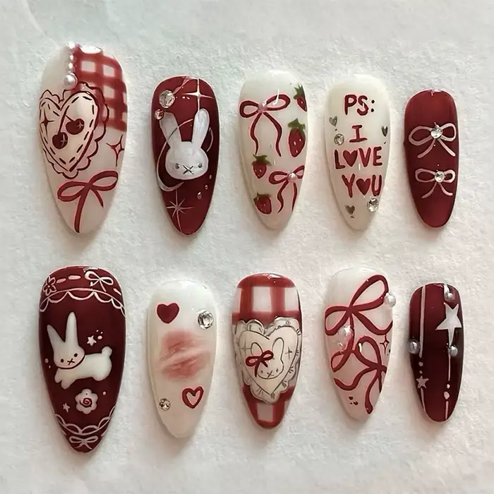 24 pièces frais vert amande faux ongles avec colle dessin animé modèles français mignon fleur presse