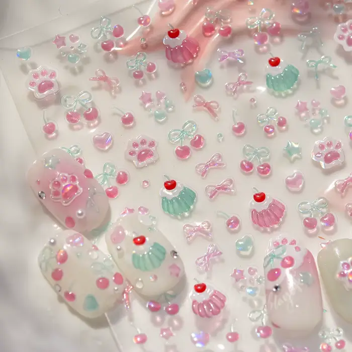 5D Pudding gelée Dessert fruits cerise rose griffe impression nœud papillon amour coeur étoiles Nail