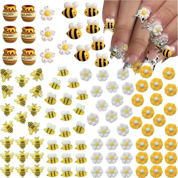 30 pièces 3D dessin animé mignon jaune abeille Nail Art breloques créatif potelé miel peut tournesol marguerite résine