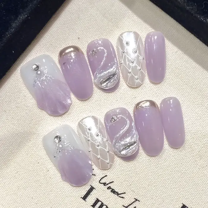 Faux ongles faits à la main, bleu pailleté, à pression, en alliage, nœud papillon, étoile, conçu, po