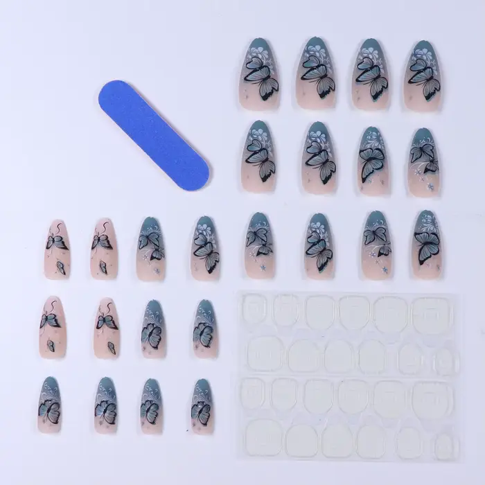 24 faux ongles bleus en forme de ballerine