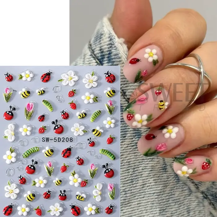 Autocollants pour ongles en relief, 1/2 pièces, motifs floraux printemps-été, abeille, coccinelle, i