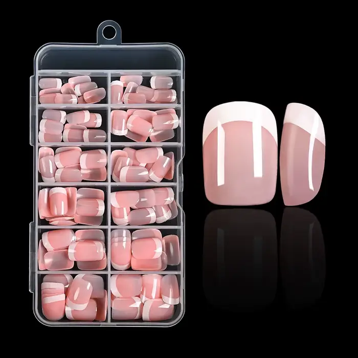 Faux ongles français à pression carrée courte rose, blanc brillant, couverture complète réutilisable