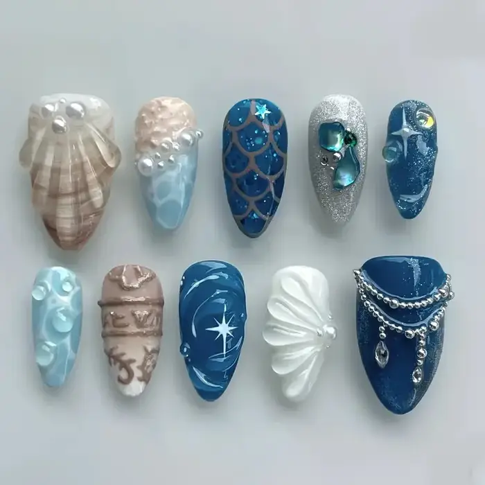 10 pièces à la main faux ongles Art océan coquillage Design bleu mi-long ovale