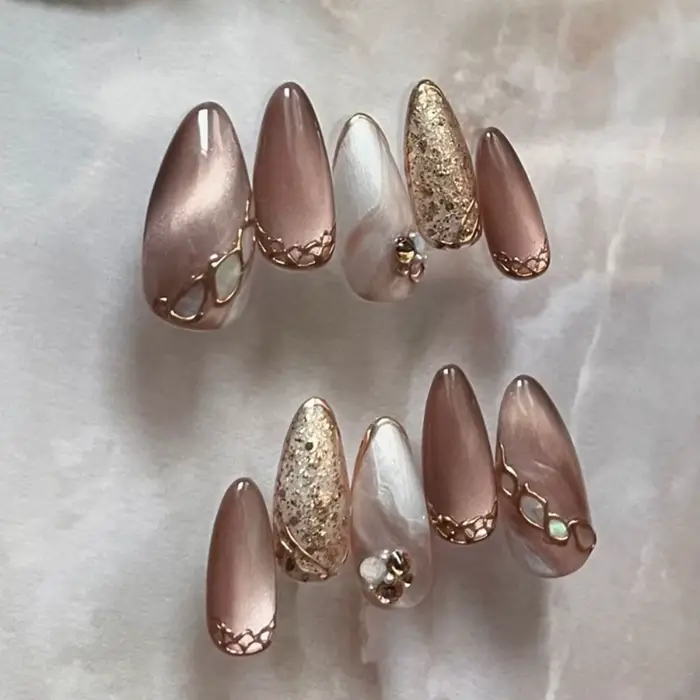 24 pièces marron dégradé faux ongles conseils portable oeil de chat amande presse sur ongles avec pa