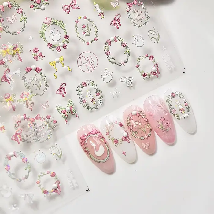 Autocollants pour ongles en cristal et diamant, mélange de fleurs de cygne rose, cadre papillon, aut