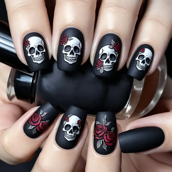 24 pièces ongles d'Halloween noir mat rose crâne imprimé conception couverture complète presse faux