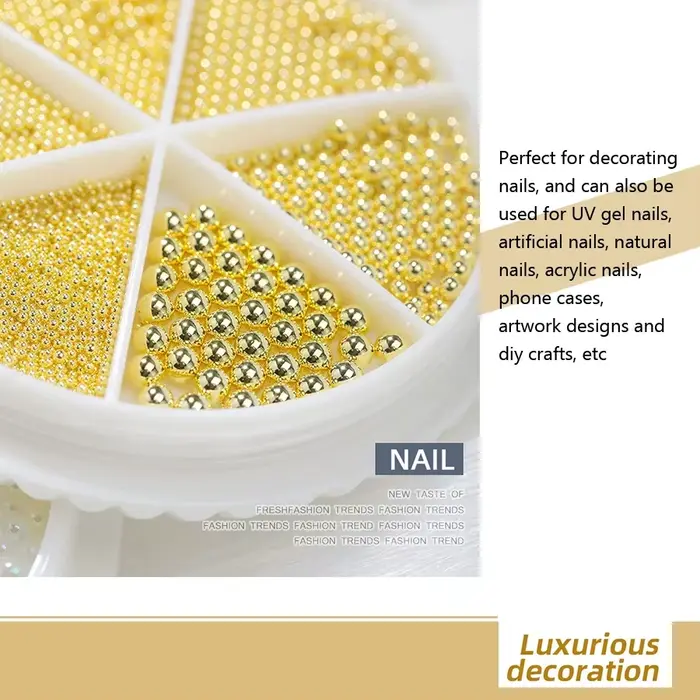 Petites perles de Caviar en acier pour Nail Art, 6 grilles, 0.8 à 1.5mm, taille mixte, Design 3D, or
