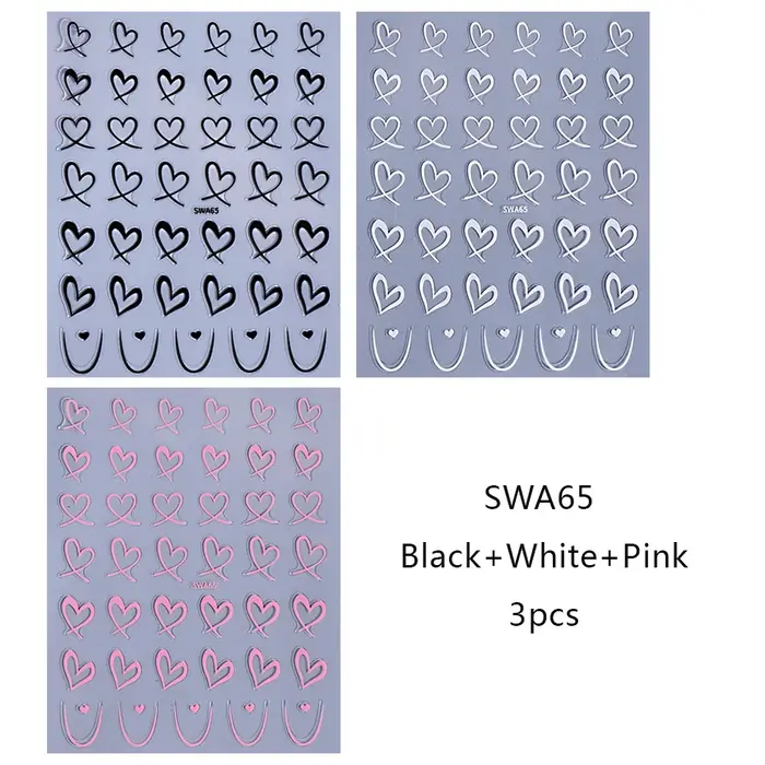 3 pièces saint valentin Nail Art autocollants 3D noir blanc rose lignes amour coeur ongles décalcomanies bricolage adhésif curseur manucure décorations