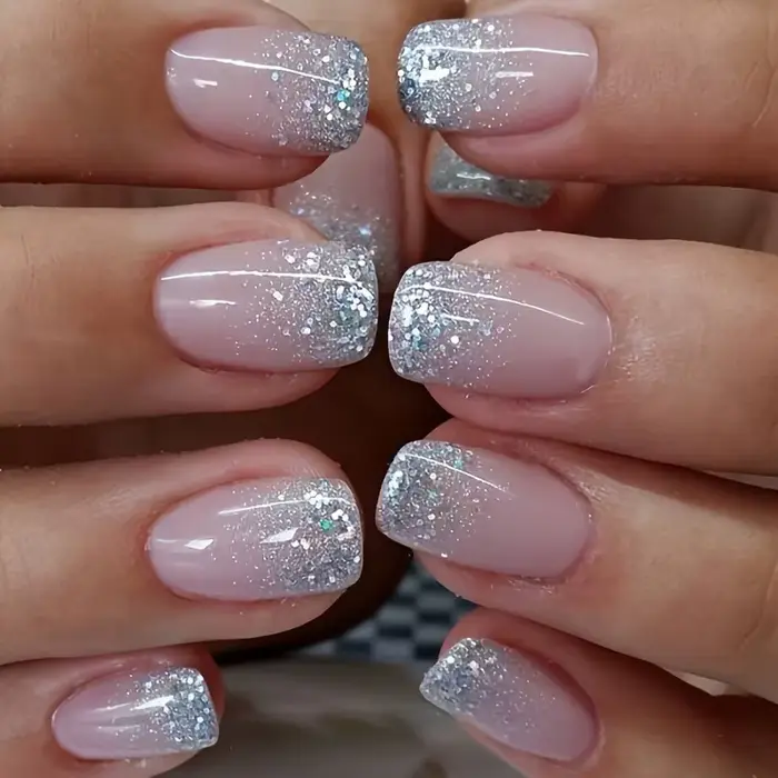 24 pièces/ensemble Faux Ongles Scintillants pour Femmes et Filles, Effet Super Flash Dégradé Rose et